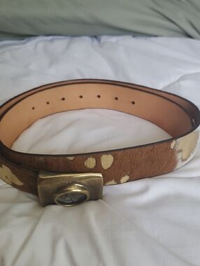 Gold Spot Haircalf Leather Belt with Brass Buckle - Women